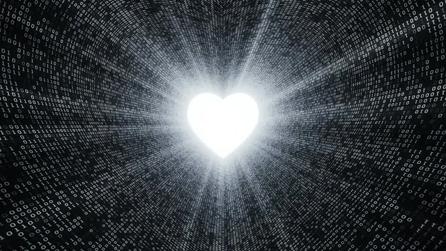 Abstract background with digital tunnel from binary code symbols 1 and 0 as technological sign with shine and light beams. Animation of seamless loop.