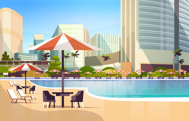 Fototapeta na wymiar luxury city hotel swimming pool resort with umbrellas desks and chairs restaurant furniture around summer vacation concept cityscape background horizontal vector illustration