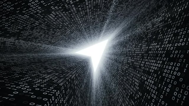 Abstract background with digital tunnel from binary code symbols 1 and 0 as technological sign with shine and light beams. Animation of seamless loop.