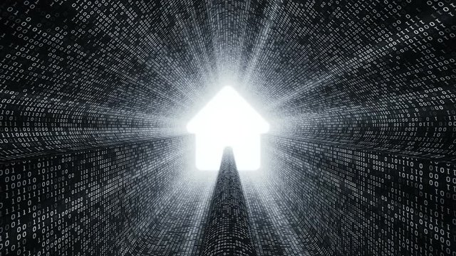Abstract background with digital tunnel from binary code symbols 1 and 0 as technological sign with shine and light beams. Animation of seamless loop.