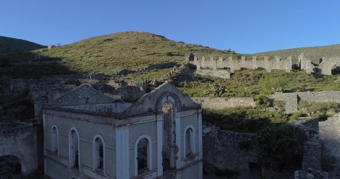 Aerial shot of a roofless building of the Pueblo Fantasma in Real de Catorce, San Luis Potosi, Mexico