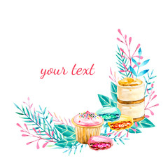 Watercolor hand painted wreath with green leaves, branches and sweets . For cards, wedding invitation, posters. Spring or summer branches with space for your text.