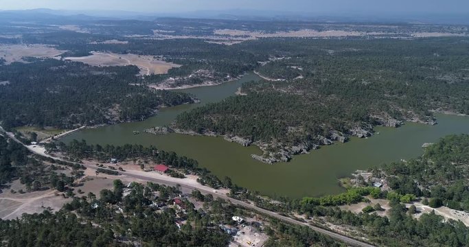 Aerial wide shot of the Arareco Lake in the Copper Canyon Region, Chihuahua
