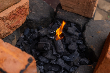 Starting a bonfire in a rustic place