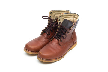 Male brown leather boot, footwear fashion isolated on white background.