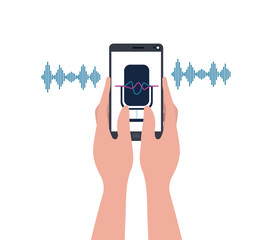 hands with smartphone and voice assistant