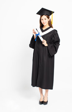 Smiling Asian Girl Graduation With Diploma