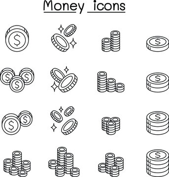 Money & coin icon set in thin line style