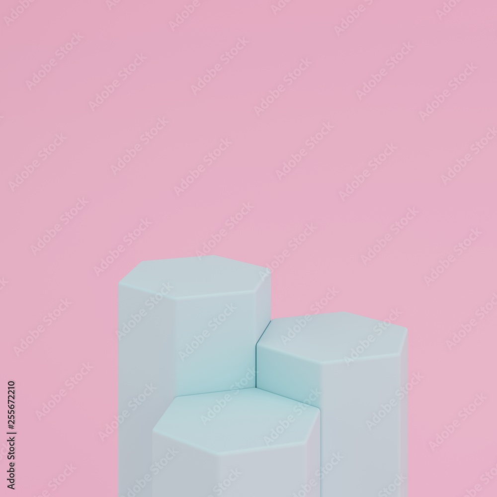 Poster abstract pink background with geometric hexagon shape green color podium for product. minimal concep