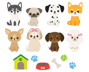 Vector illustration of cute puppy dog in different breeds including Chihuahua, Siberian Husky, Pug, Poodle, Dachshund, Dalmatian, Shiba, Maltese, Yorkshire Terrier.