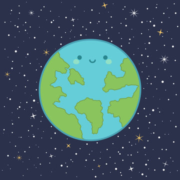 Cute Planet Earth Solar System with funny smiling face cartoon vector illustration