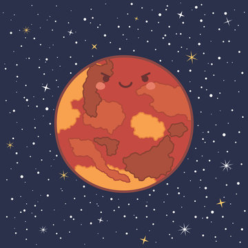 Cute Planet Mars Solar System with funny smiling face cartoon vector illustration