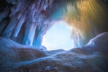 Ice crystal cave at lake Baikal in the winter. Siberia, Russia