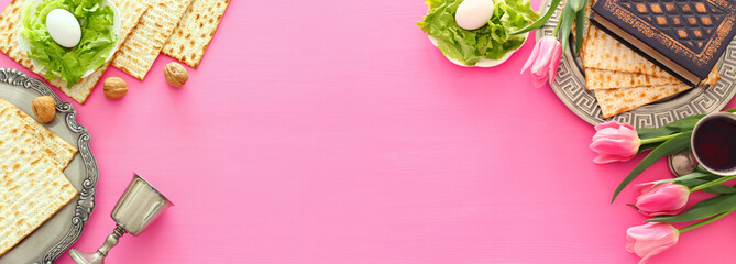 Pesah celebration concept (jewish Passover holiday). Top view, flat lay
