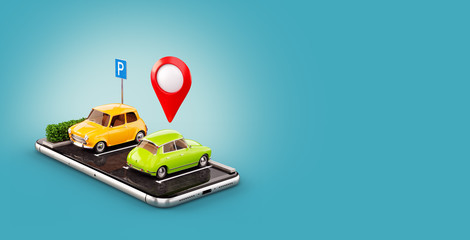 Unusual 3d illustration os smartphone application for online searching free parking place on the map. Parking and car sharing concept