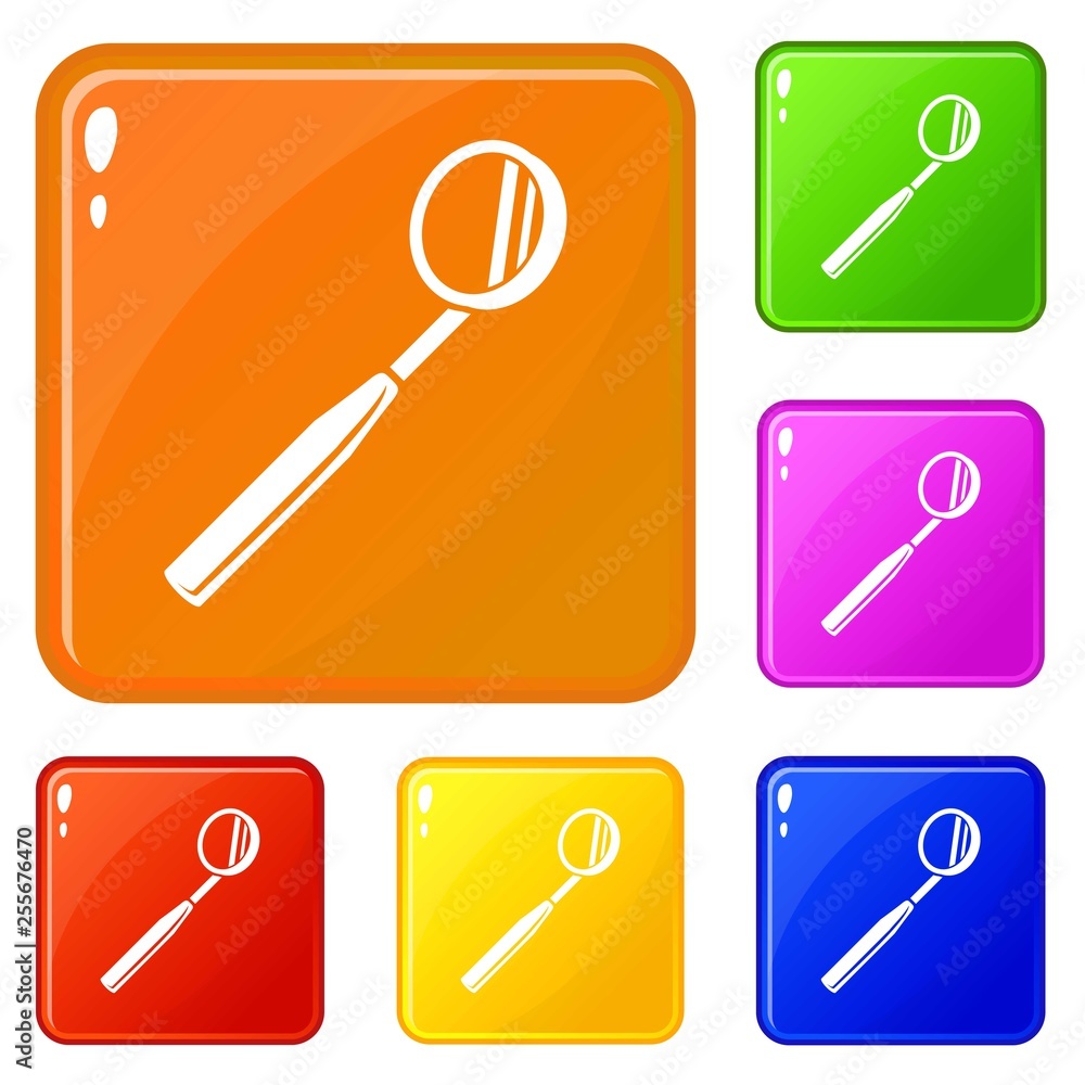 Poster tooth tool mirror icons set collection vector 6 color isolated on white background