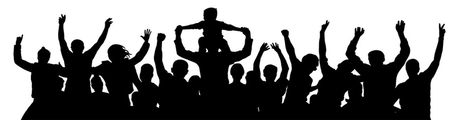 Fototapeta na wymiar Cheerful crowd people silhouette. Child sits on the neck of a man. Applause people hands up. Vector Illustration party celebrating