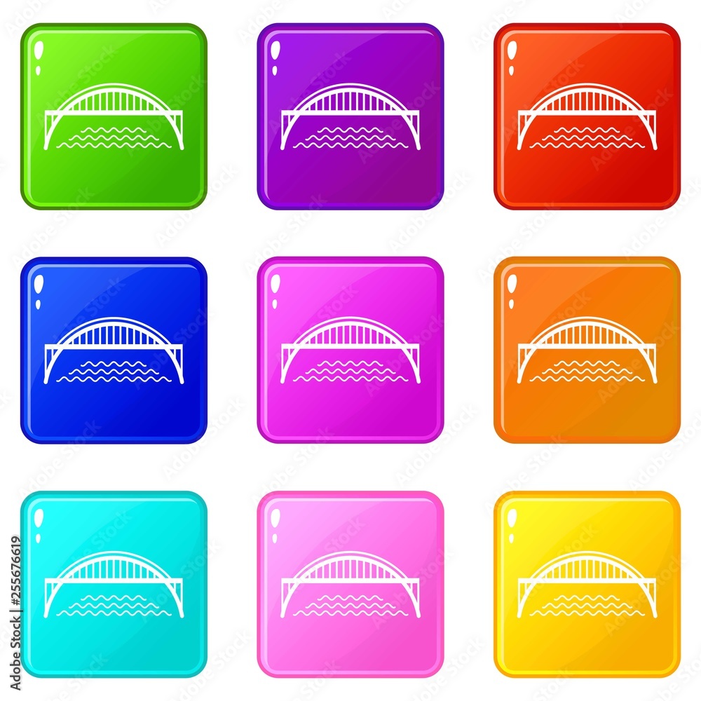 Poster harbour bridge icons set 9 color collection isolated on white for any design
