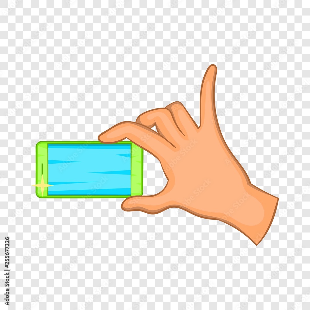 Poster hand holding mobile phone icon in cartoon style isolated on background for any web design