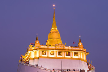 Chedi Buddhist temple Wat Saket close-up in the evening twilight. Bangkok, Thailand