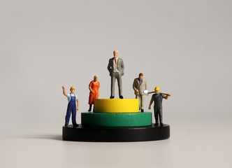 Concept of social stratification. Round wooden blocks and miniature people.