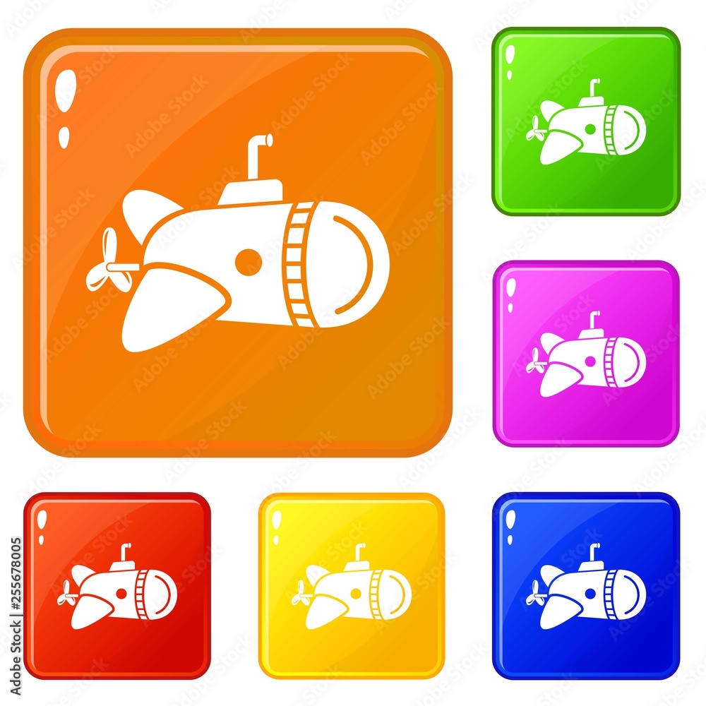Poster submarine with round nose icons set collection vector 6 color isolated on white background