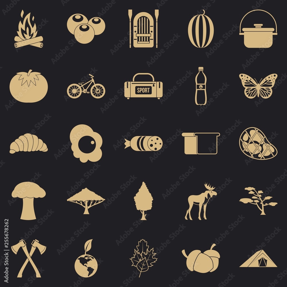 Poster hiking in the wilderness icons set. simple set of 25 hiking in the wilderness vector icons for web f