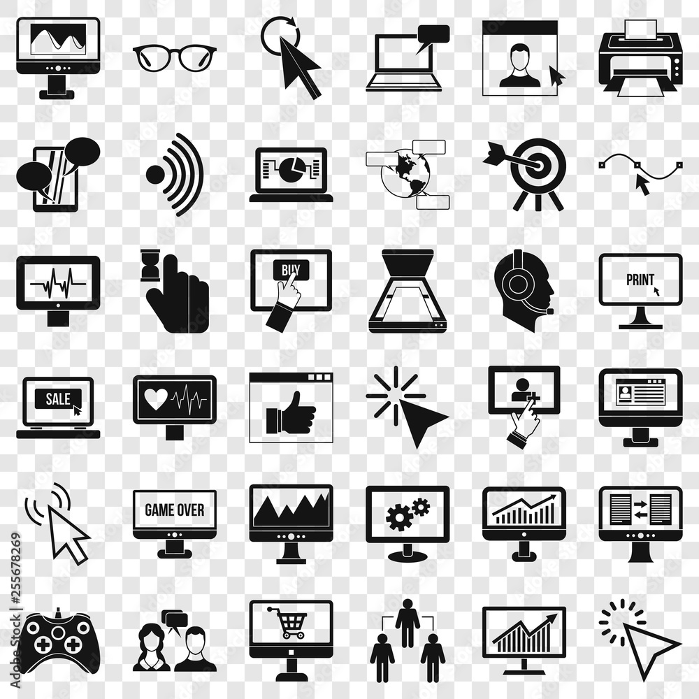 Poster computer equipment icons set. simple style of 36 computer equipment vector icons for web for any des