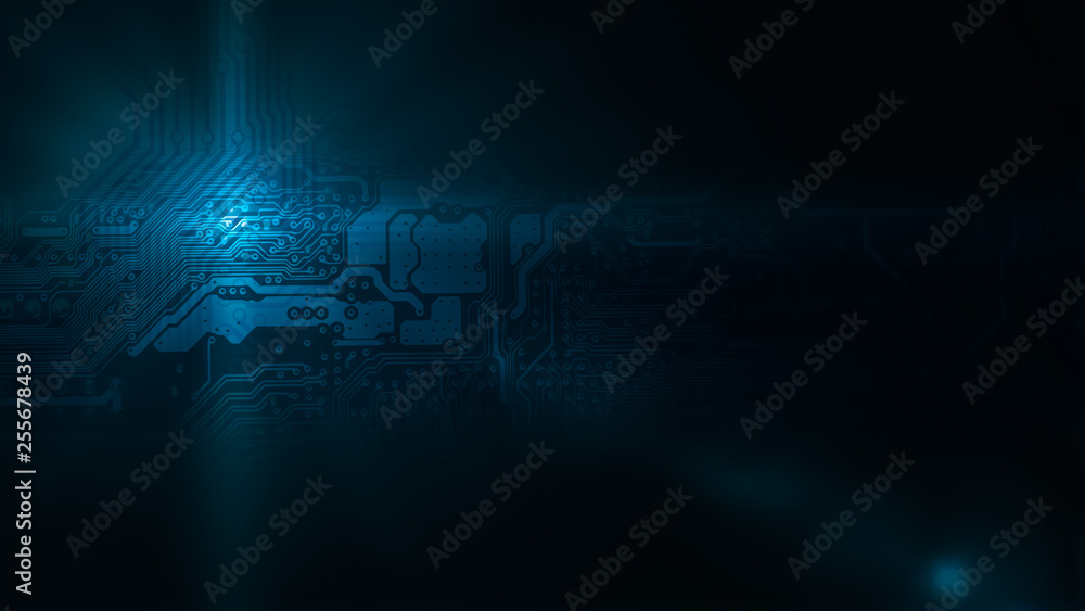 Aufkleber circuit board double exposure background of dark computer motherboard with light flash lens flare. h