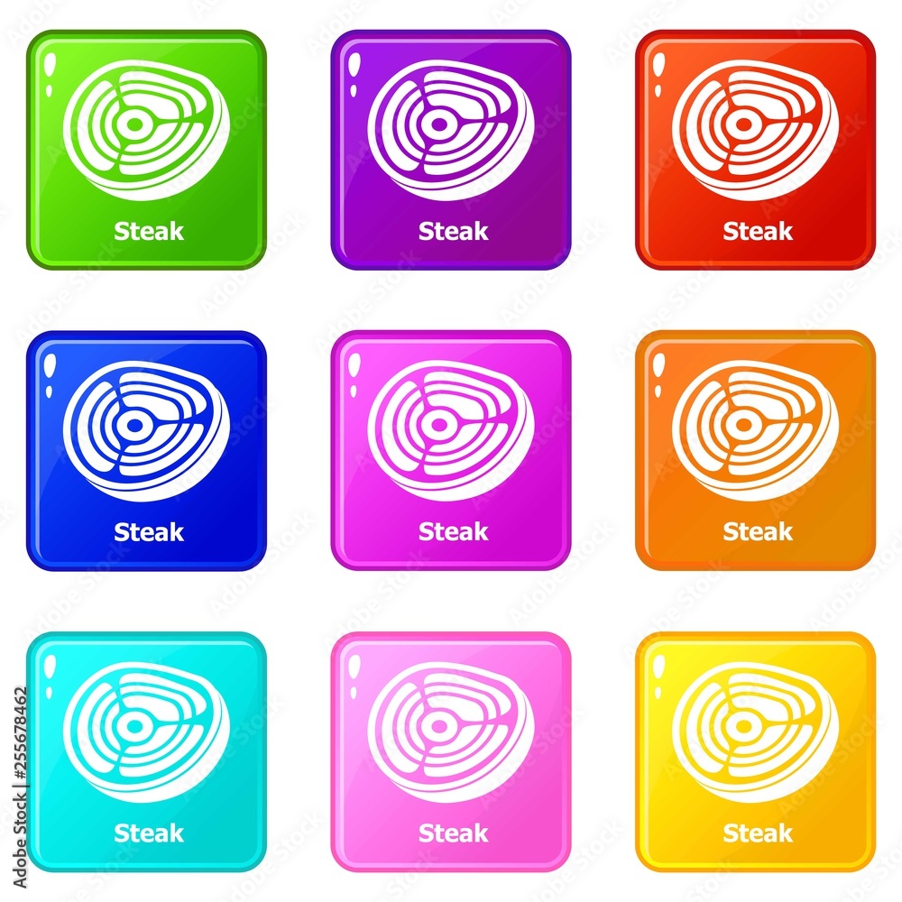 Poster steak icons set 9 color collection isolated on white for any design