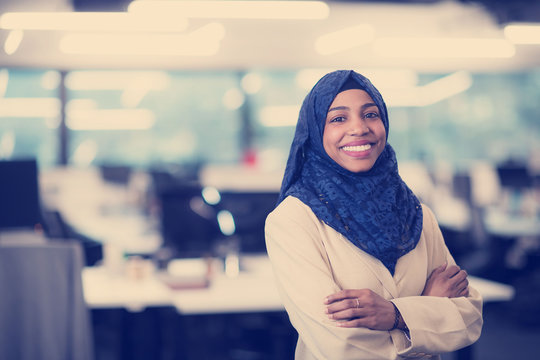 Portrait of black muslim female software developer