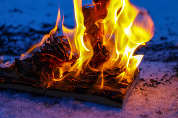 burning book in  snow. pages with the text in  open book burn with  bright flame.