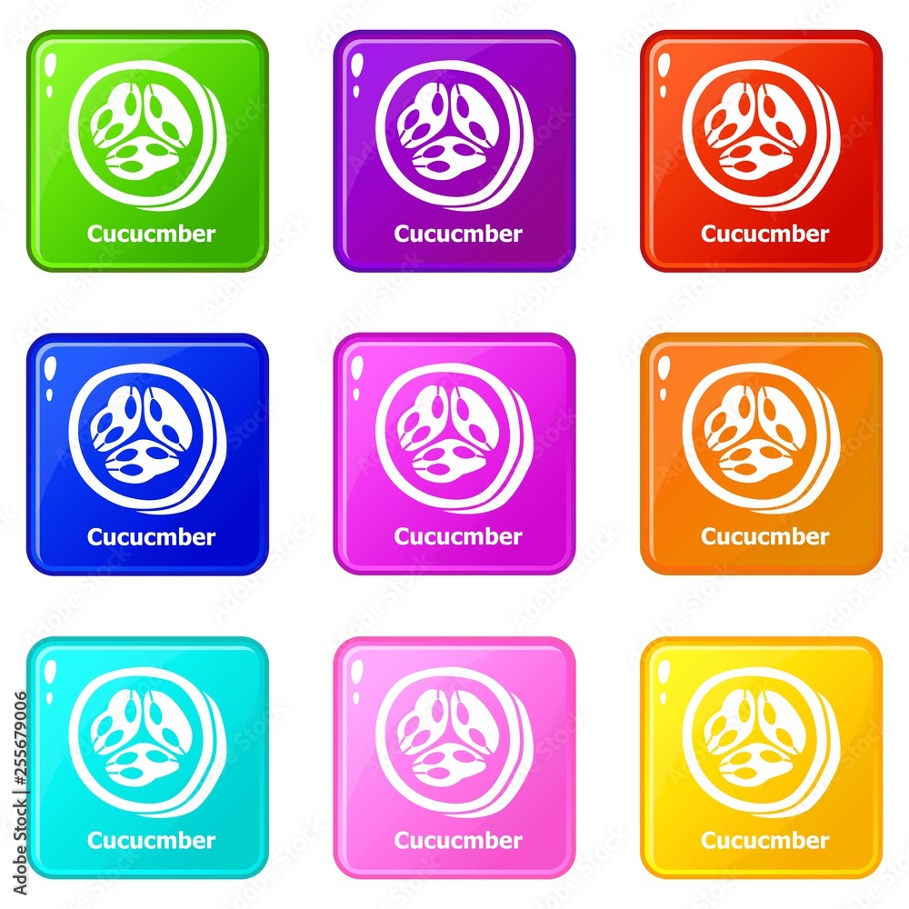 Poster cucumber icons set 9 color collection isolated on white for any design