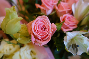 Pink roses. A bouquet of flowers close-up. Pradnichny bouquet. Present