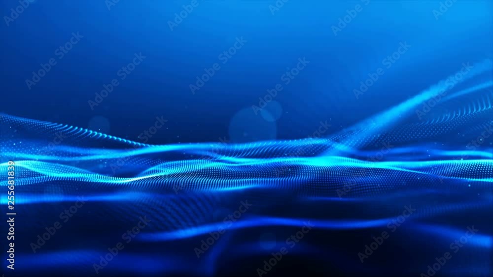 Poster digital blue color particles wave and light abstract background