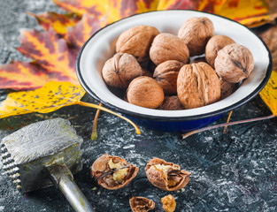 Walnuts in an enamel bowl, broken walnuts, kitchen hammer, fallen yellow leaves on gray concrete...