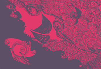 sailing ship at sea. graphic abstract hand-drawn vector illustration