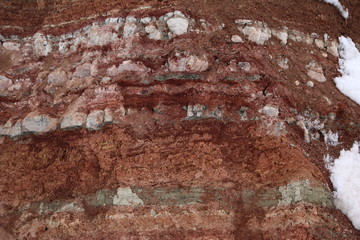  texture of different layers of clay underground in  clay quarry after geological study of soil.