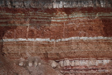  texture of different layers of clay underground in  clay quarry after geological study of soil.