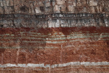  texture of different layers of clay underground in  clay quarry after geological study of soil.
