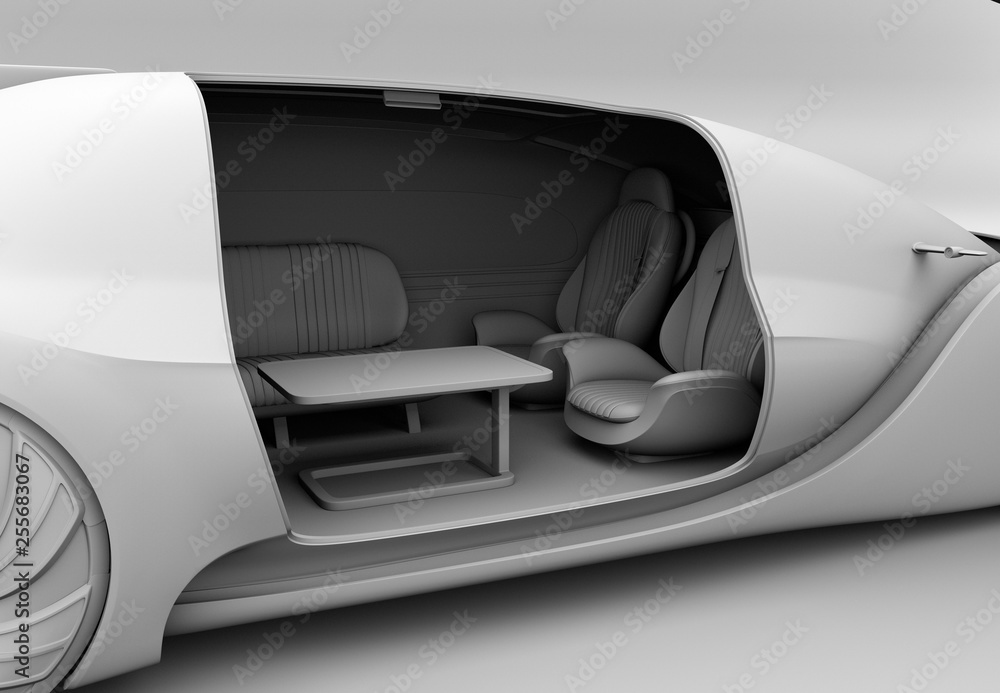 Poster clay rendering of self driving electric car interior. close-up view. 3d rendering image.