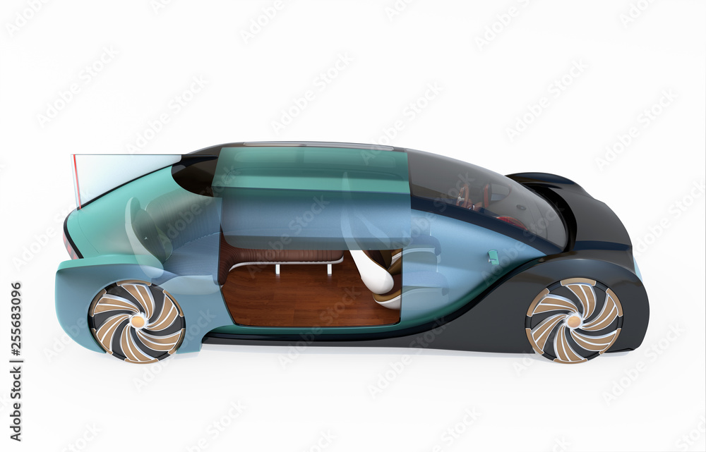 Poster side view of transparent self driving electric car isolated on white background. 3d rendering image.