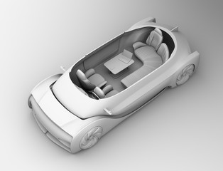 Cutaway clay rendering self driving electric car interior. Lounge chair and rear facing seats. 3D rendering image.