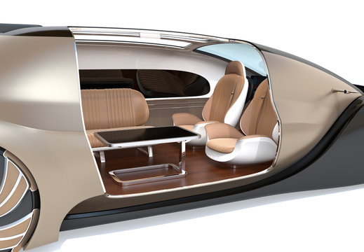 Close-up view of self driving electric car interior on white background. 3D rendering image.