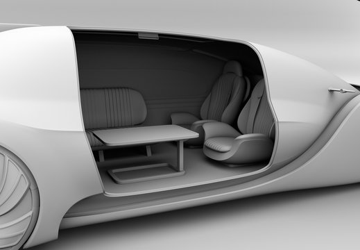 Clay rendering of self driving electric car interior. Close-up view. 3D rendering image.