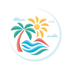Fototapeta na wymiar Summer tropical vacation - concept advertising promotion banner in flat style. Travel creative poster vector illustration in circle shape. Abstract background graphic design. 