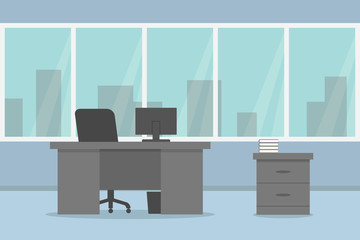 Empty office. Desk, chair, desktop monitor and panoramic window. Vector illustration.