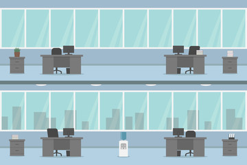 Empty two storey office with panoramic window. Vector illustration.