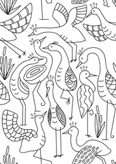 Vector seamless pattern with cranes isolated on white. Hand drawn texture with beautiful birds. Animal sketch