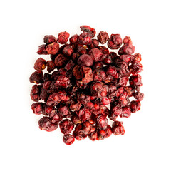 Aromatic crumbly Handful of Dry tea leaves isolated on white background. Schisandra dry tea, isolated on white